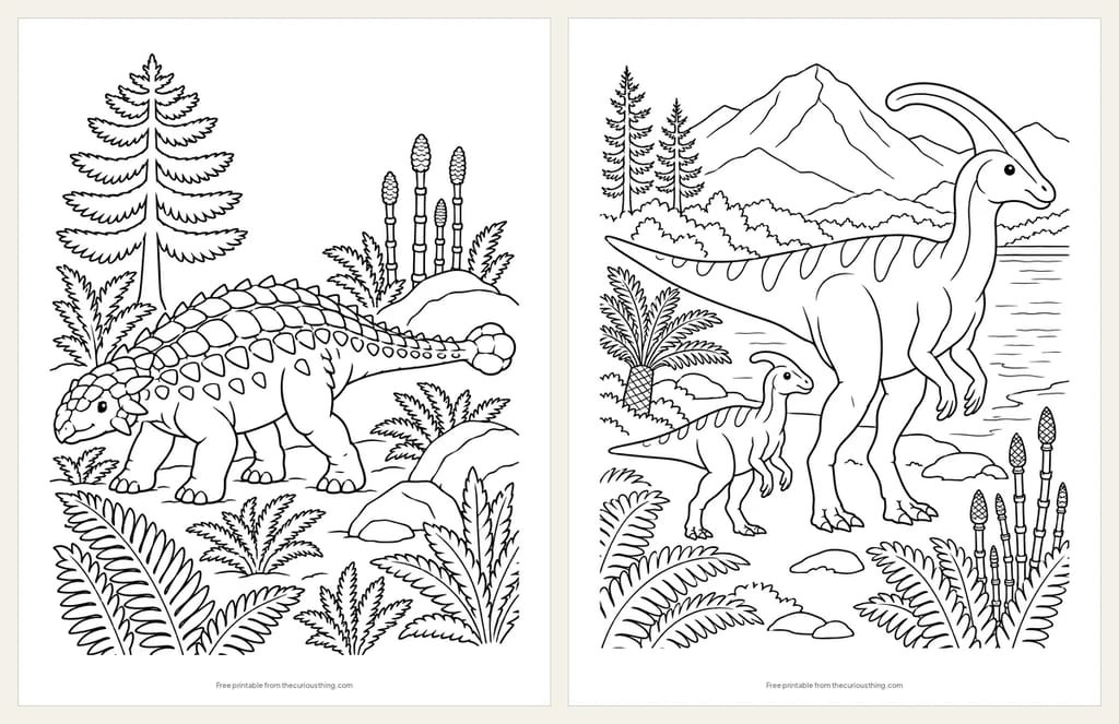 Two coloring pages: an Ankylosaurus walking through ferns, and a Parasaurolophus and her baby by a lake below the mountains