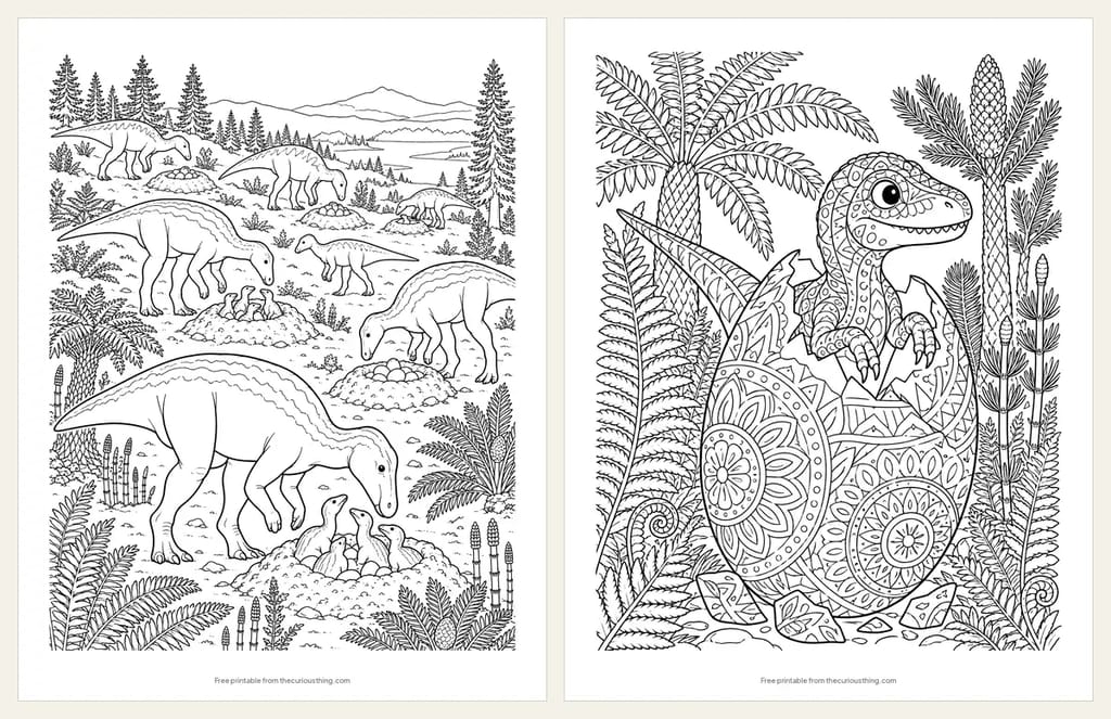 Two detailed coloring pages: a Maiasaura nesting colony on a hillside, and a patterned dinosaur egg with a baby peeking out