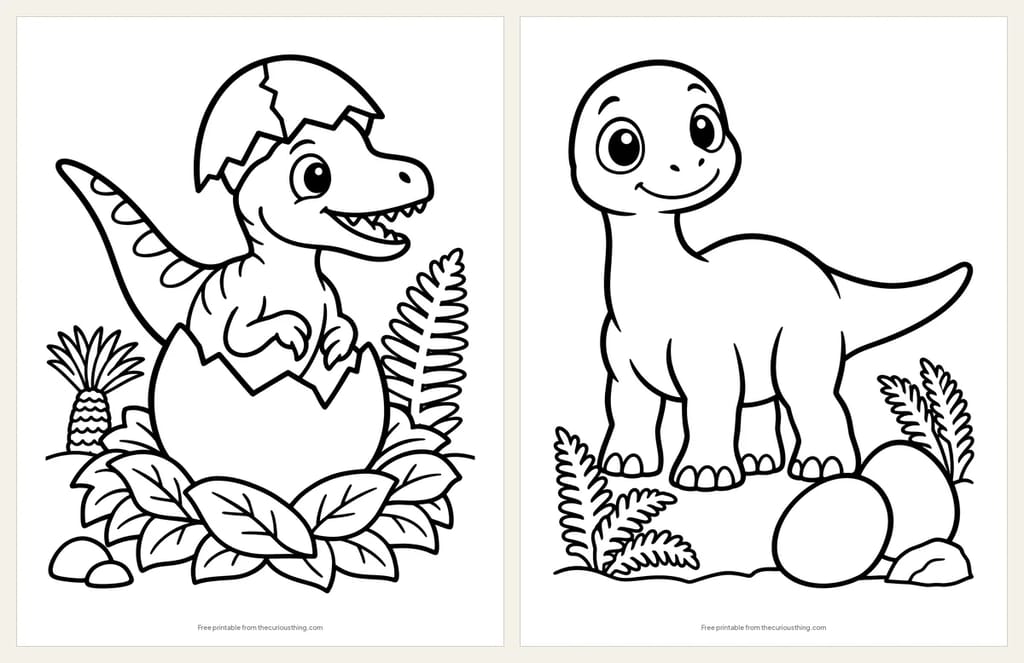 Two easy baby dinosaur coloring pages: a baby dinosaur hatching with the eggshell on its head, and a baby long-neck beside two eggs