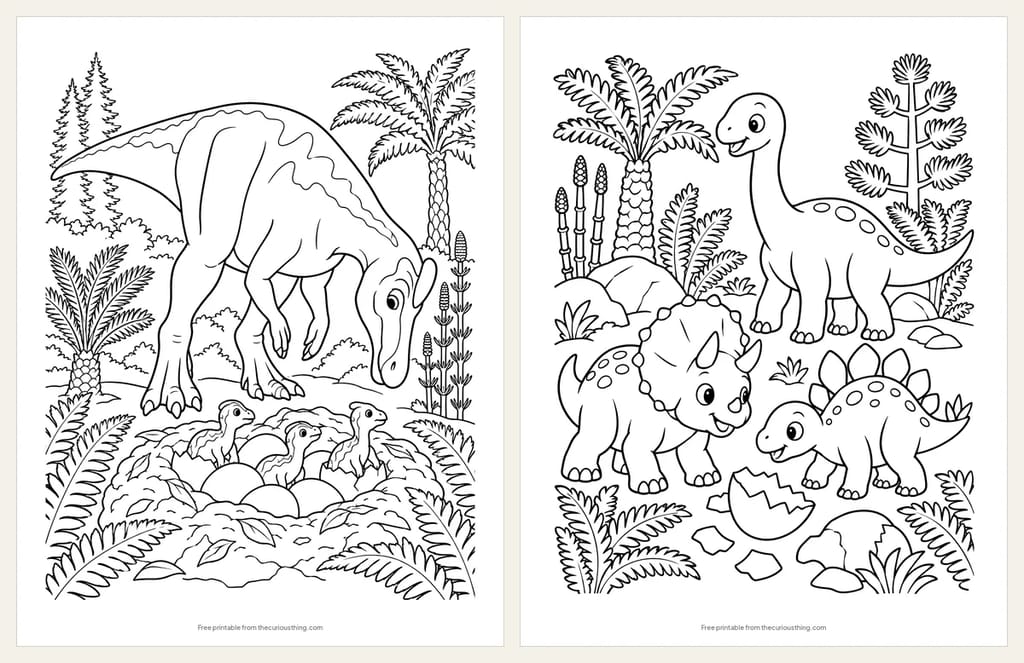 Two baby dinosaur coloring pages: a Maiasaura mother over her mound nest of hatchlings, and three baby dinosaurs playing among eggshells