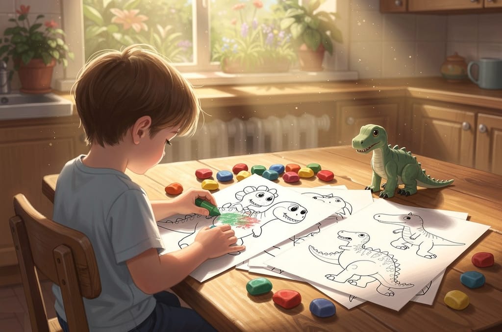 A young child at a sunny kitchen table coloring a printed dinosaur page with bare wax crayons, a toy dinosaur and more dinosaur coloring pages beside them