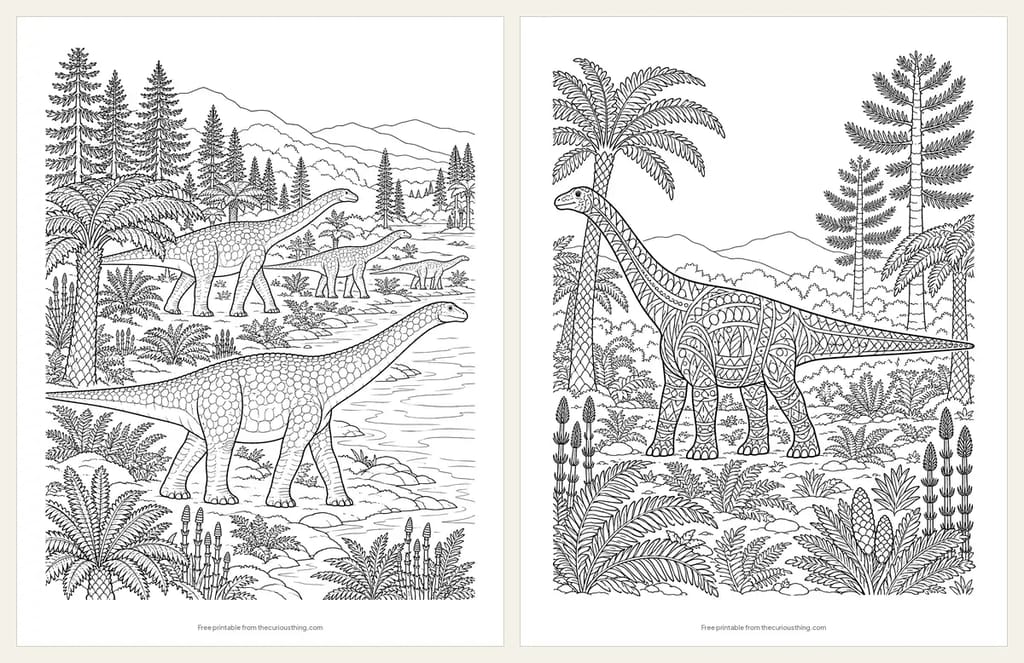Two detailed long-necked dinosaur coloring pages: a herd of sauropods walking beside a river, and a Diplodocus filled with patterns