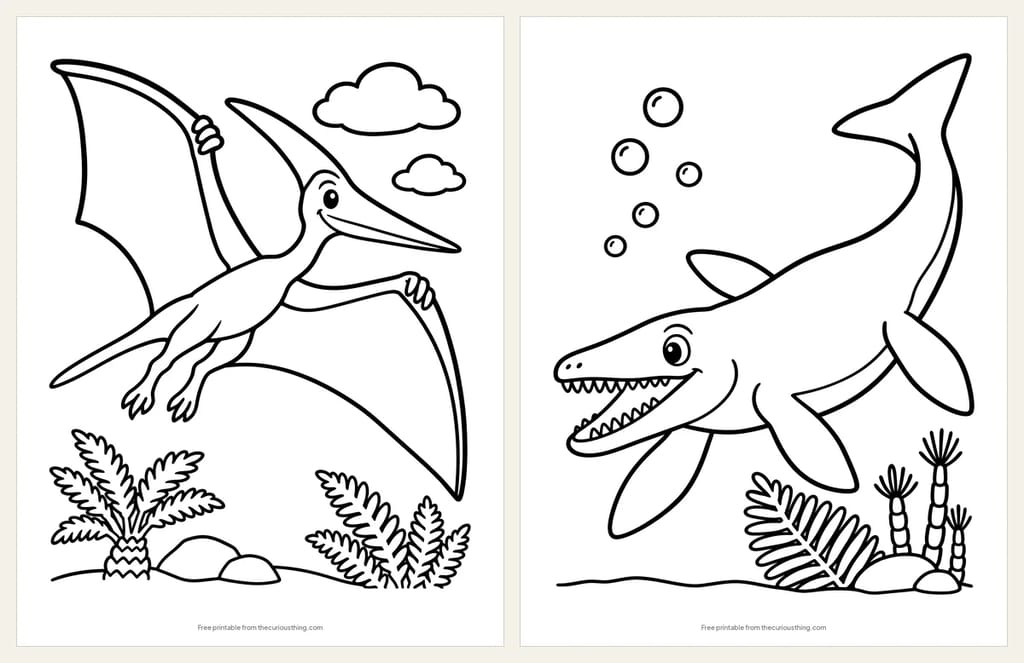 Two easy coloring pages: a Pteranodon gliding with its crest and long beak, and a smiling Mosasaurus swimming