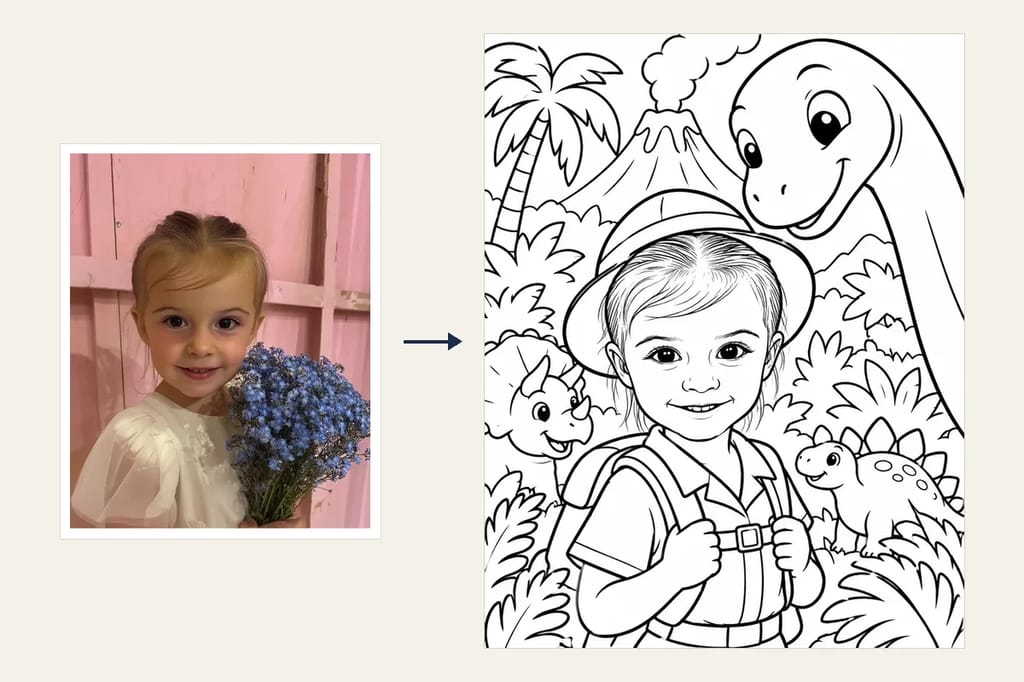 A photo of a smiling little girl holding blue flowers, and beside it the coloring page made from it: the same girl as an explorer in a sun hat and backpack, with a long-necked dinosaur leaning down, a baby Triceratops, a little Stegosaurus and a volcano behind