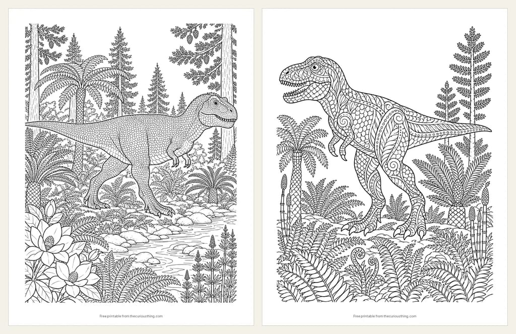 Two detailed T. rex coloring pages: a realistic T. rex striding through a forest beside a stream, and a T. rex filled with swirling patterns