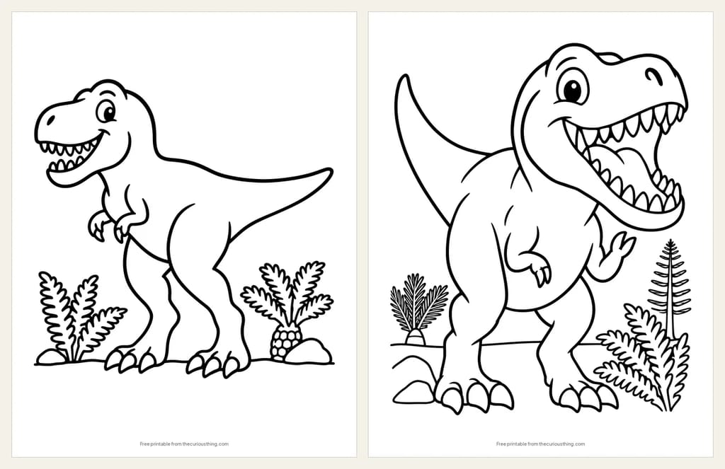 Two easy T. rex coloring pages with thick outlines: a smiling T. rex standing among ferns, and a big T. rex head giving a silly roar