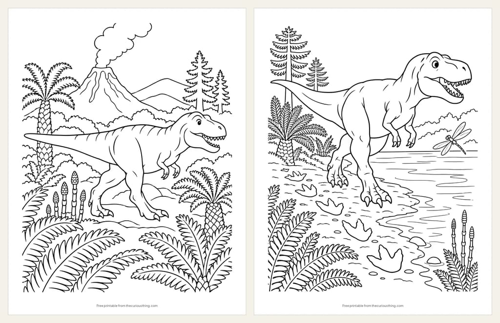 Two T. rex coloring pages: a T. rex walking through ferns with a smoking volcano behind, and a T. rex leaving three-toed footprints along a muddy riverbank