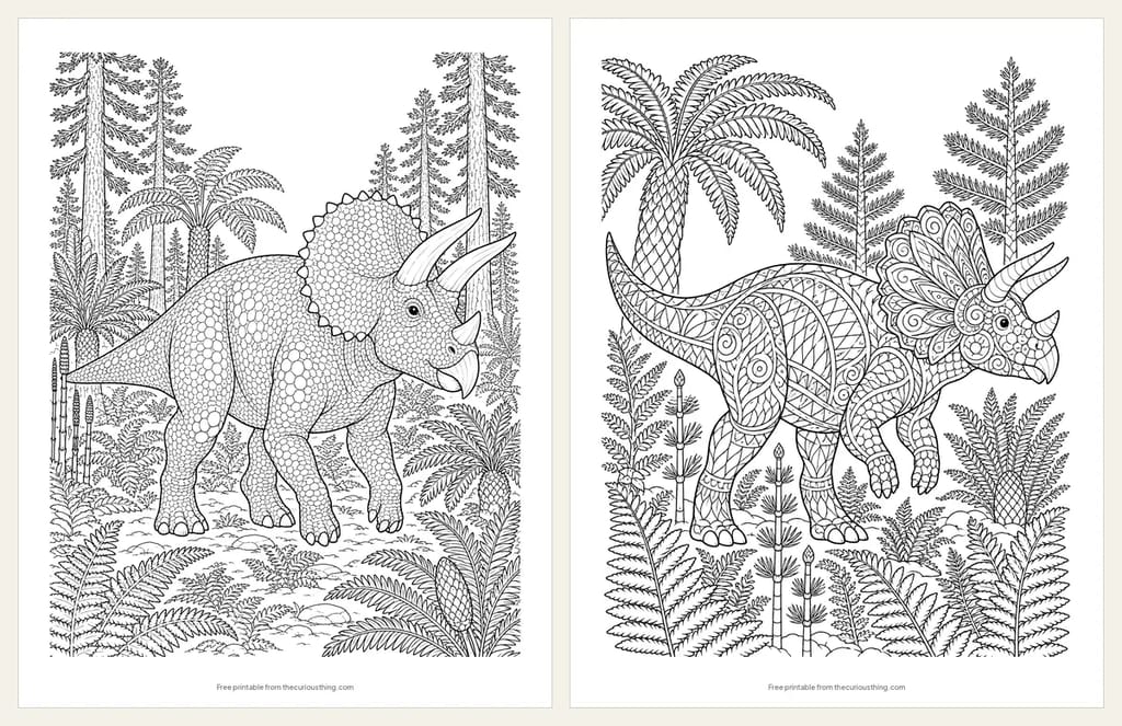 Two detailed Triceratops coloring pages: a realistic Triceratops in a forest clearing, and a Triceratops with a frill of mandala patterns
