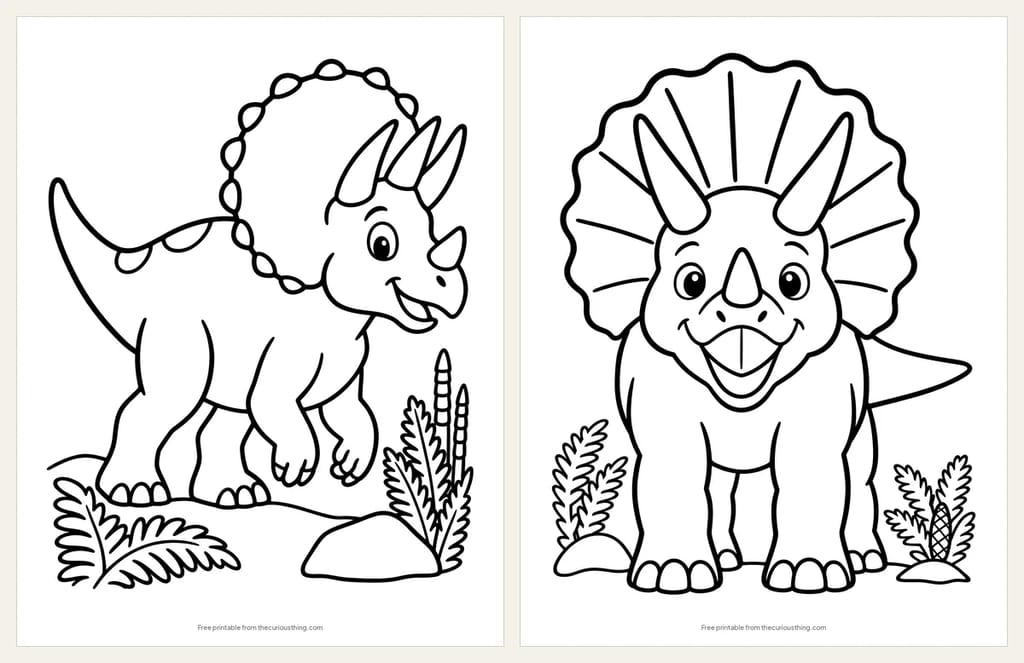 Two easy Triceratops coloring pages: a Triceratops in side view with three horns and a frill, and a smiling Triceratops face from the front