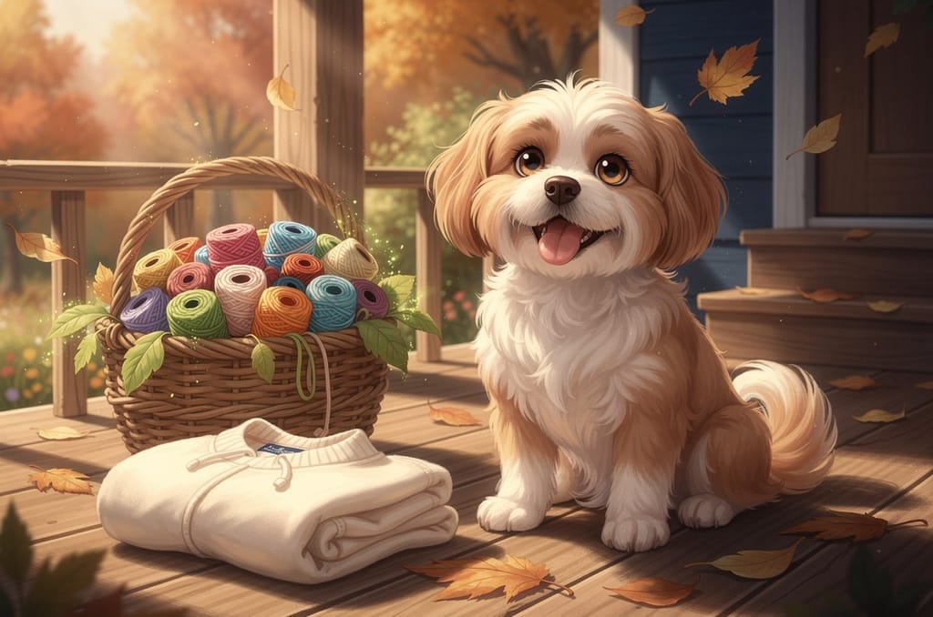 A happy dog on a sunny porch beside a basket of colorful embroidery thread spools and a folded sweatshirt