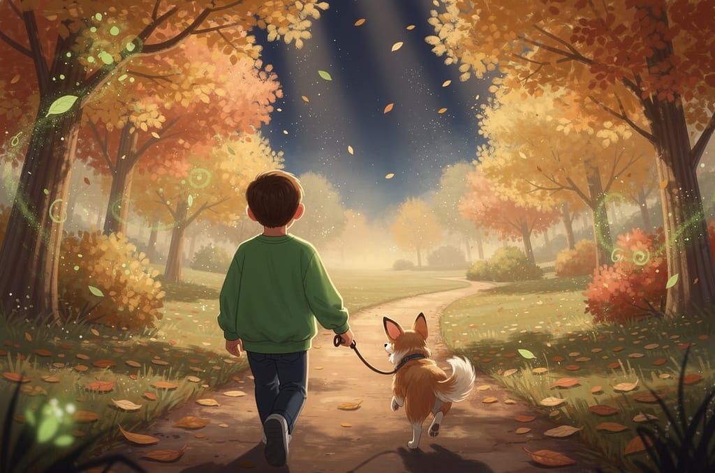 A child in a green sweatshirt seen from behind walking a corgi on a leash along an autumn park path
