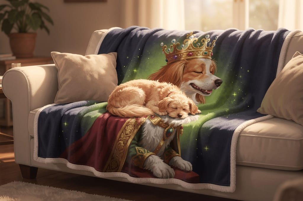 A soft fleece blanket printed with a whimsical royal-dog portrait draped over a couch, a cheerful dog curled up on it in warm daylight