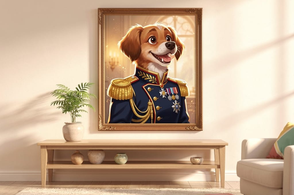 A framed gallery canvas of a happy dog styled as a decorated general in a dress uniform, hanging on a bright living-room wall
