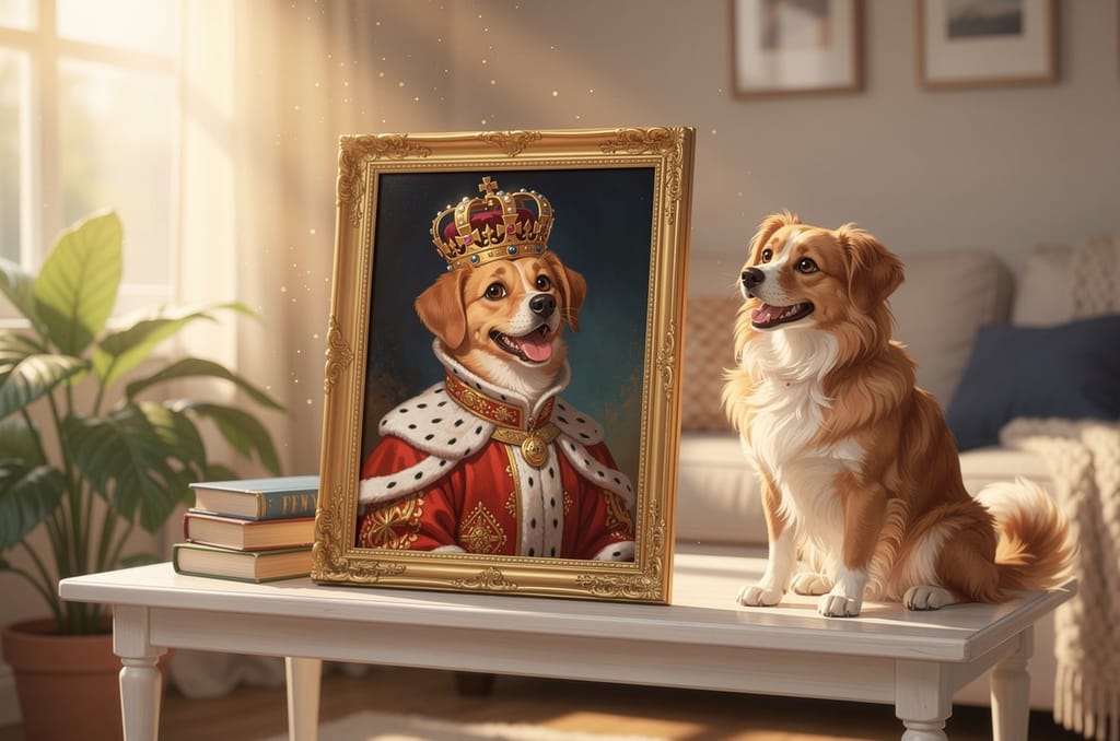 A framed old-master portrait of a happy dog wearing a crown and royal robe displayed on a bright console table, with a cheerful real dog sitting proudly beside it in a sunlit living room