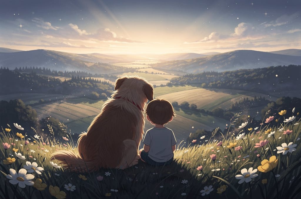 Child and a big shaggy dog seen from behind, sitting side by side on a grassy hillside in late-afternoon sun