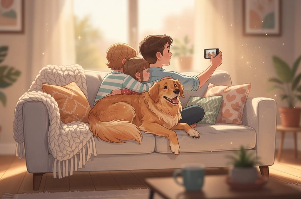 Family on a sofa with a golden dog sprawled across their laps while one of them holds up a phone to take a picture