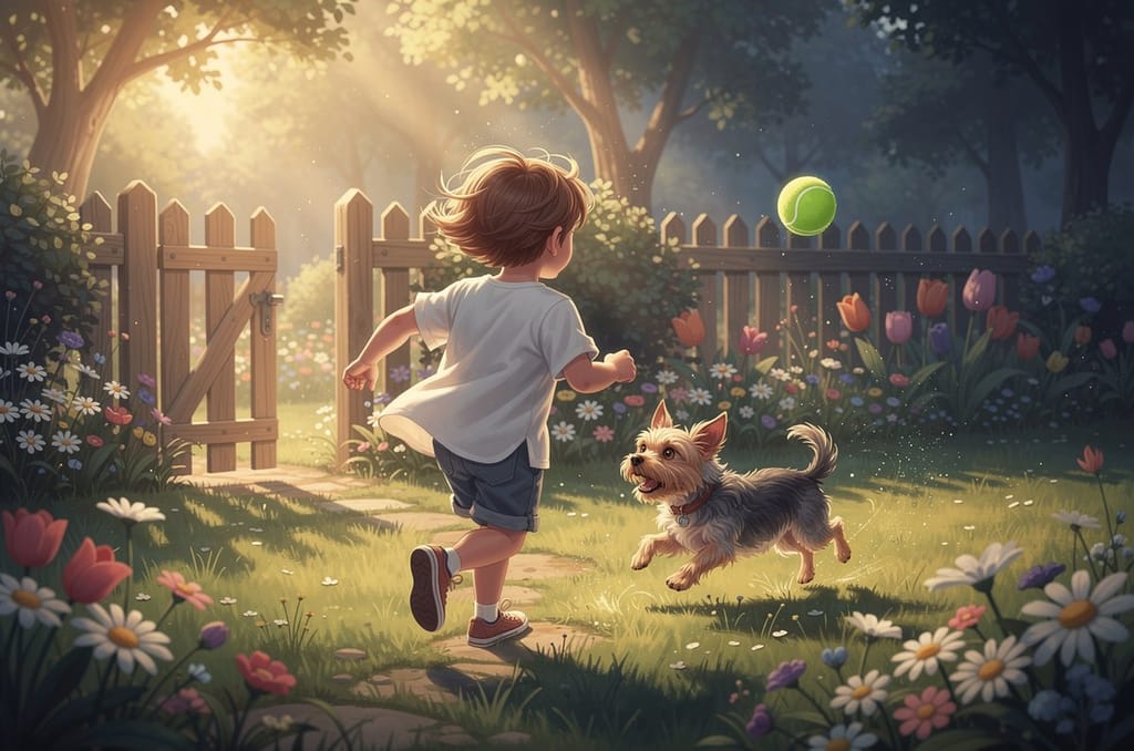 Child running across a sunny backyard with a small terrier bounding beside them and a garden gate open behind