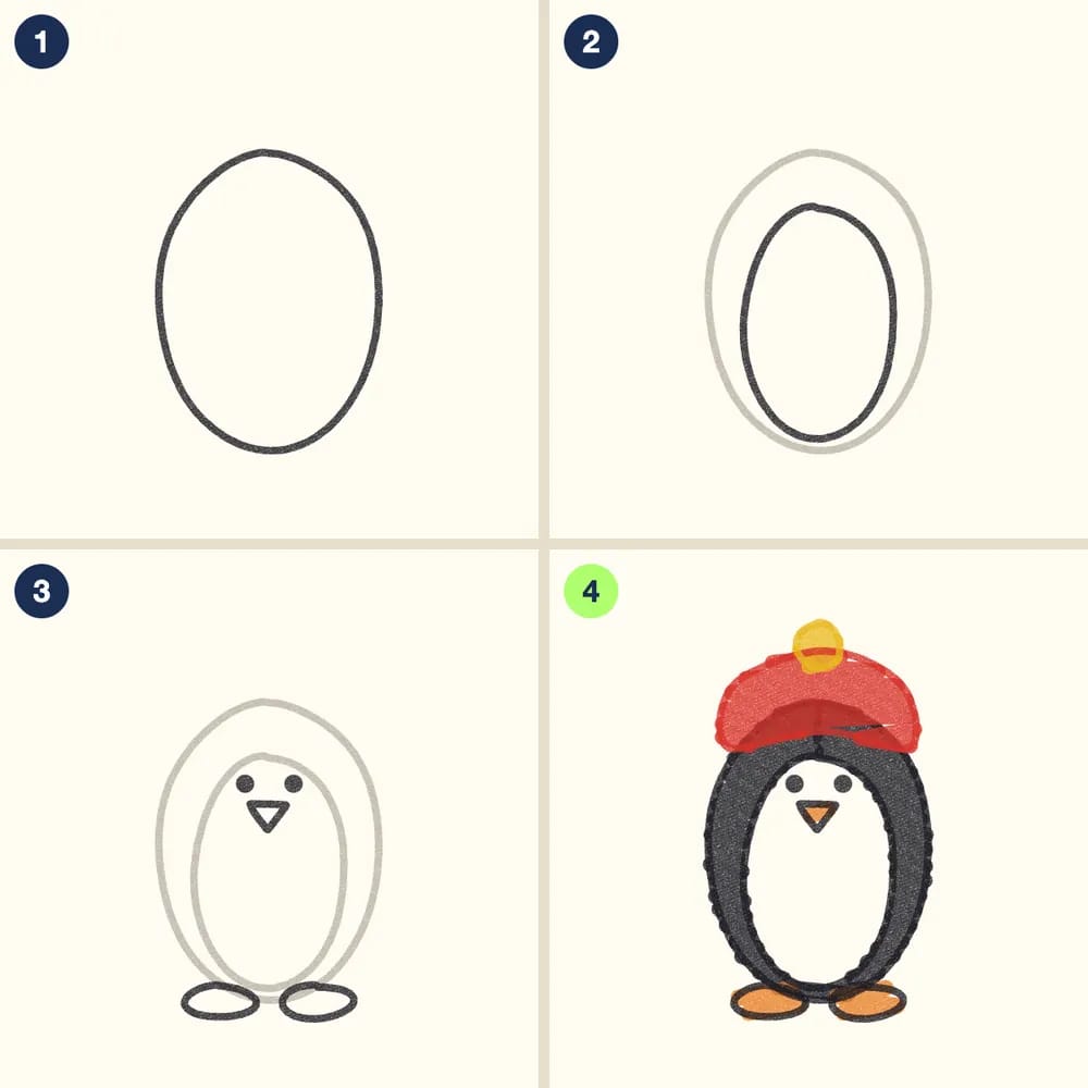 Four crayon steps for drawing a baby penguin: a tall oval, a smaller tummy oval, eyes, beak and feet, then a black body, orange beak and feet and a red hat
