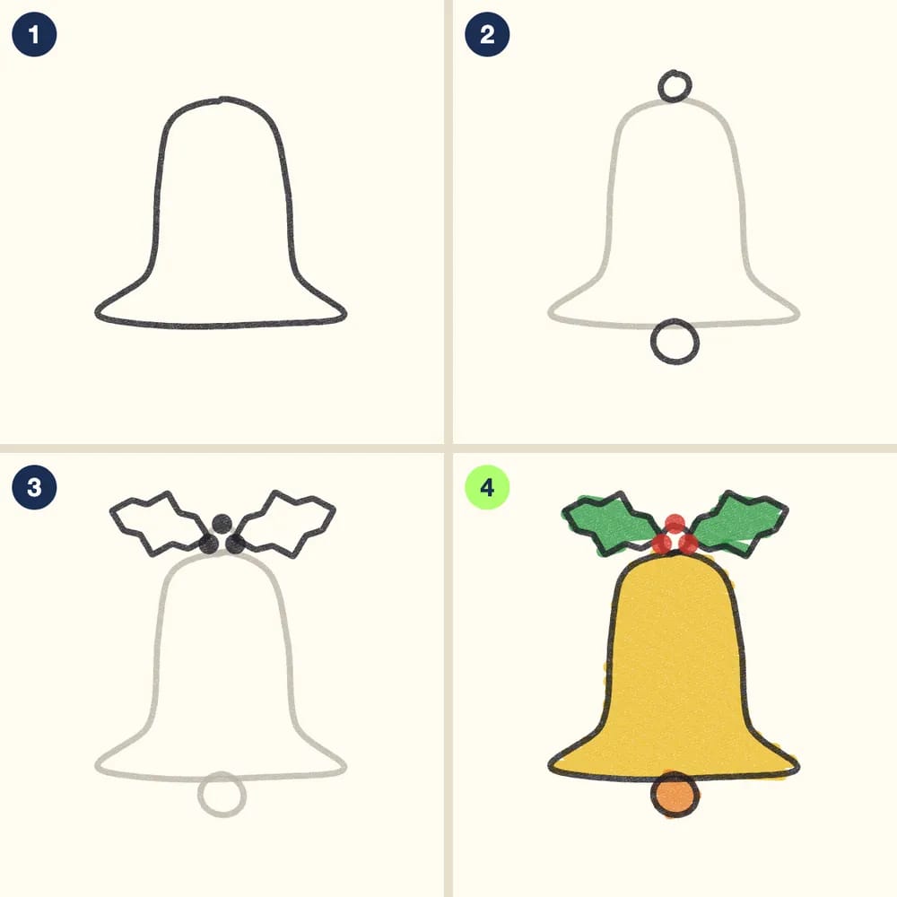 Four crayon steps for drawing a bell: a bell shape, a round clapper and loop, holly leaves and berries, then a yellow bell with green leaves and red berries