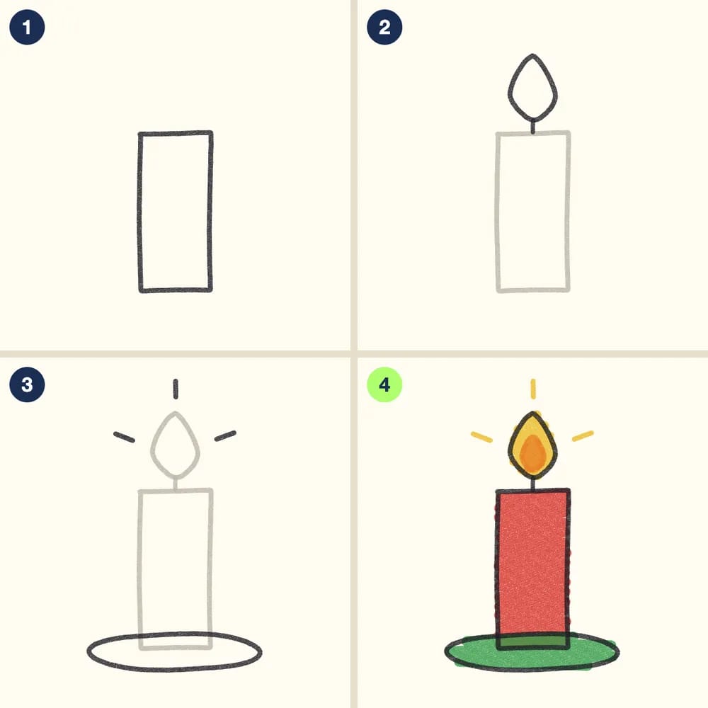 Four crayon steps for drawing a candle: a tall rectangle, a teardrop flame and wick, a plate and glow lines, then a red candle and yellow flame