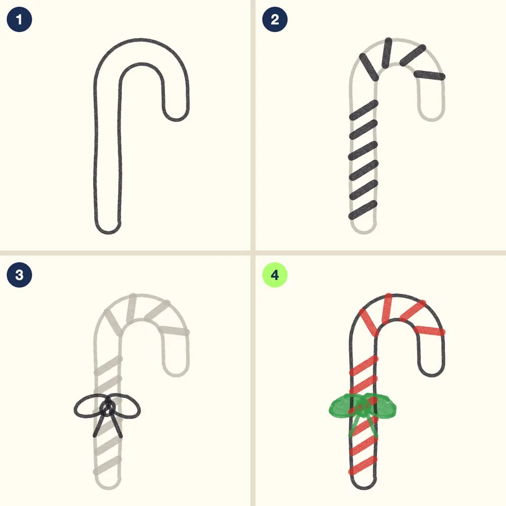 Four crayon steps for drawing a candy cane: a hook outline, slanted stripes along it, a bow, then red stripes and a green bow