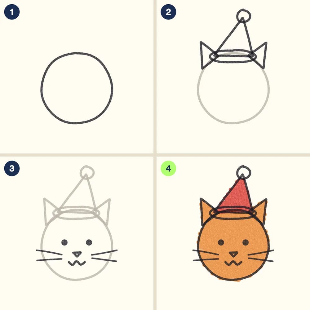 Four crayon steps for drawing a cat in a Santa hat: a big circle, triangle ears and a Santa hat, a face and whiskers, then an orange cat in a red hat