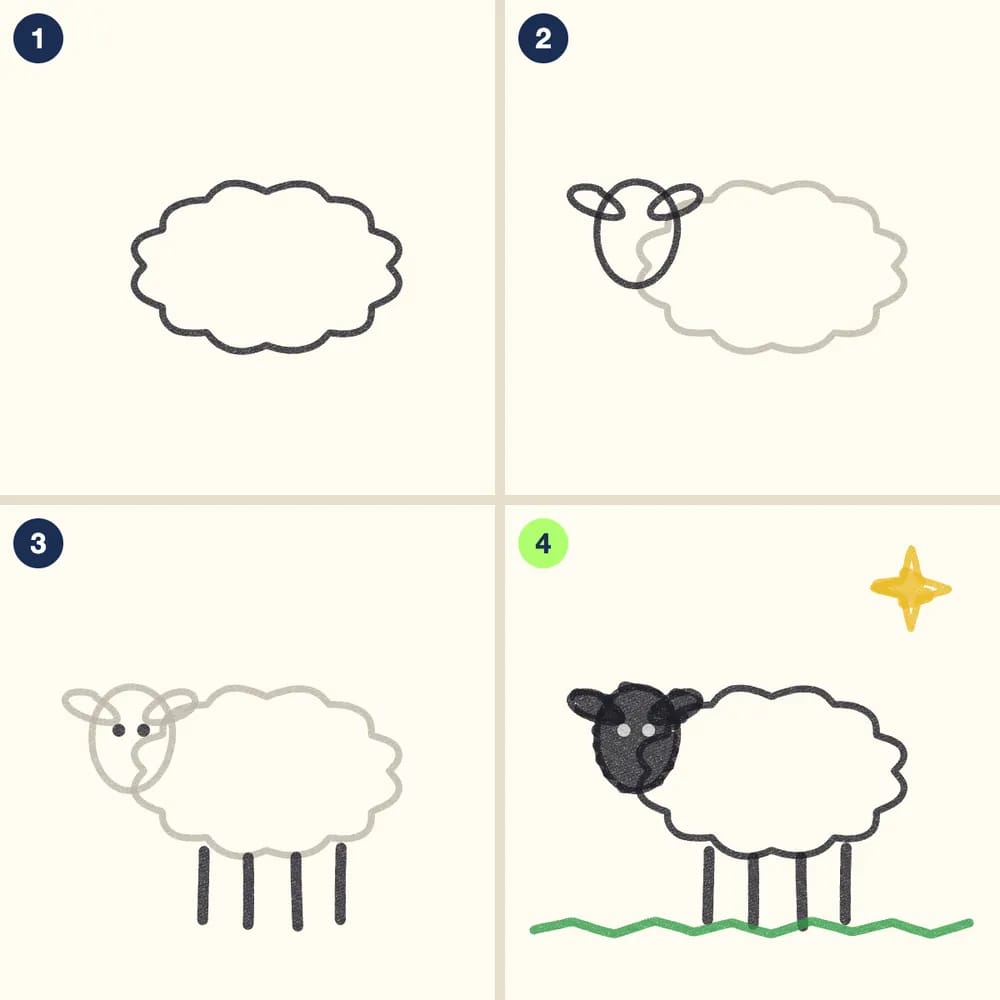Four crayon steps for drawing a Christmas sheep: a bumpy cloud body, an oval head with ears, four stick legs and eyes, then a black head, green grass and a yellow star