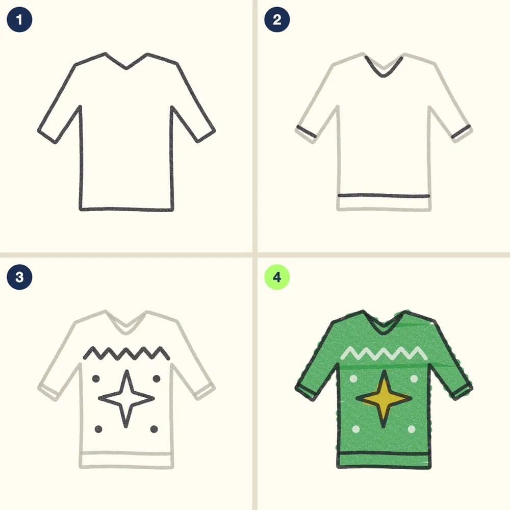 Four crayon steps for drawing a Christmas sweater: a T-shaped sweater, cuff and collar lines, a zigzag, a star and dots, then a green sweater with a yellow star