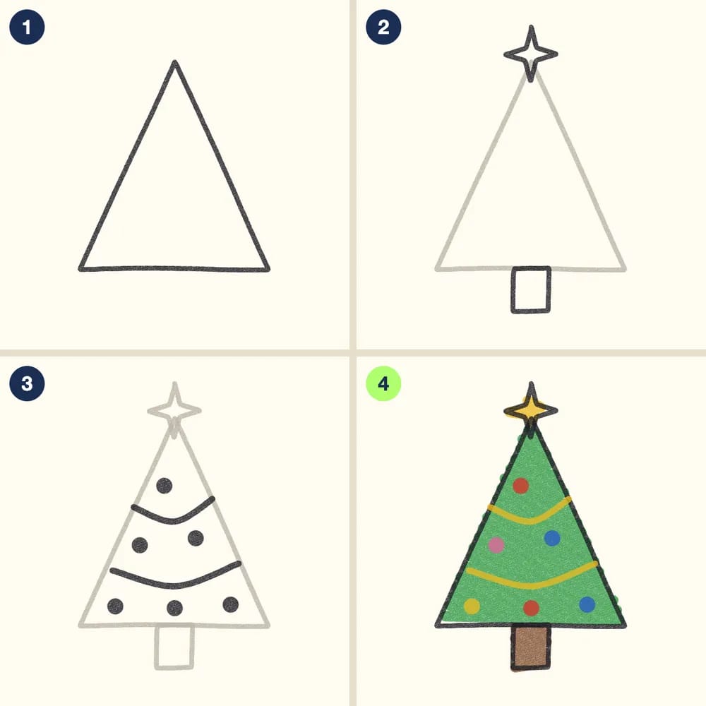 Four crayon steps for drawing a Christmas tree: a triangle, a trunk and a star, garland lines and ornament dots, then a green tree with colored ornaments