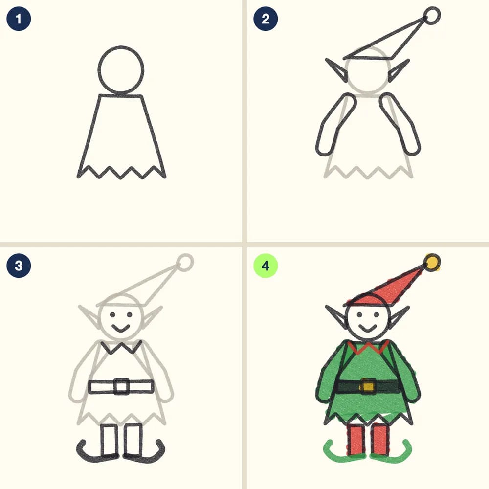 Four crayon steps for drawing an elf: a head and a tunic with a zigzag hem, a long hat, pointed ears and arms, legs, curly shoes and a belt, then colored green and red