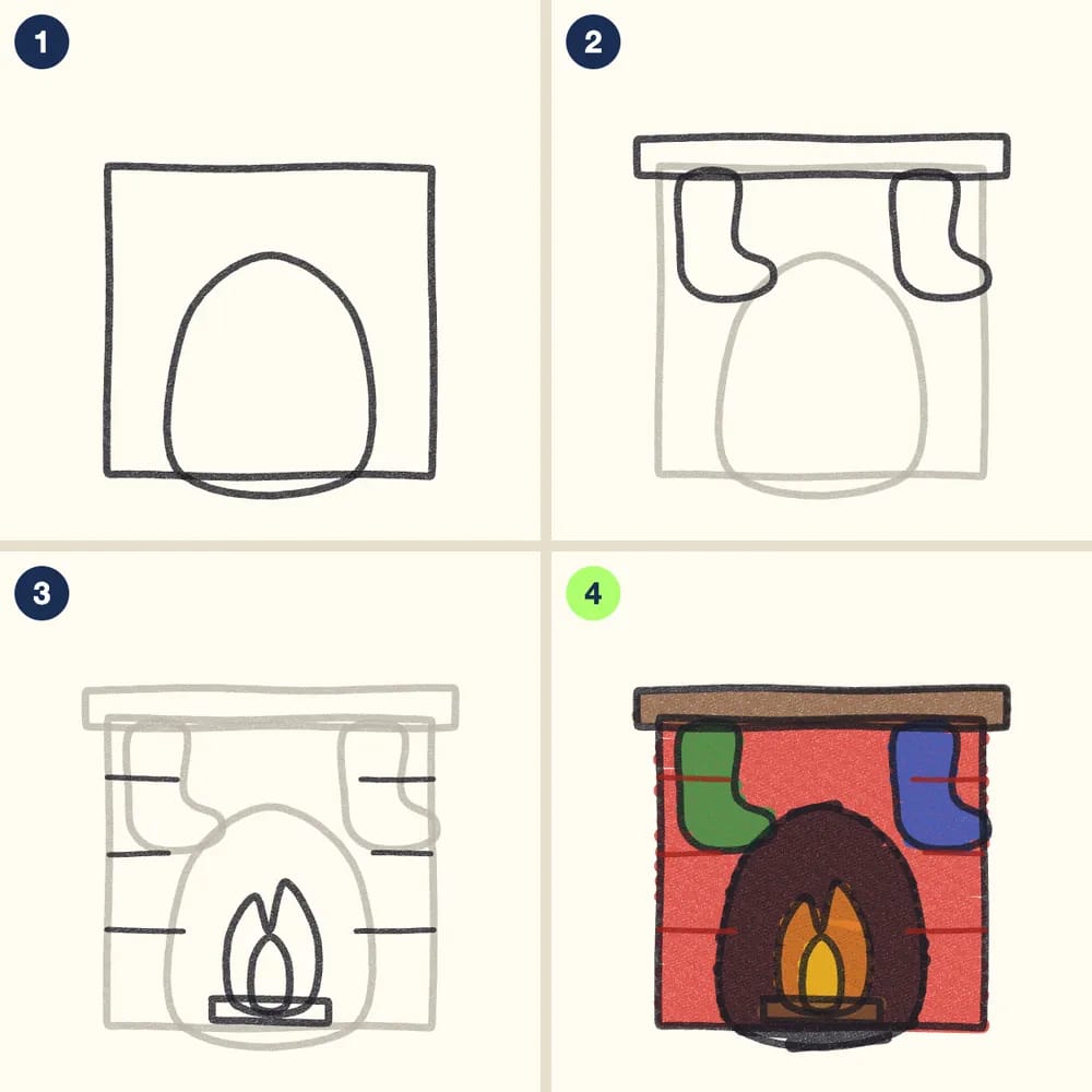 Four crayon steps for drawing a fireplace with stockings: a big rectangle with an arch, a mantel shelf and two stockings, flames, a log and brick lines, then red bricks and an orange fire