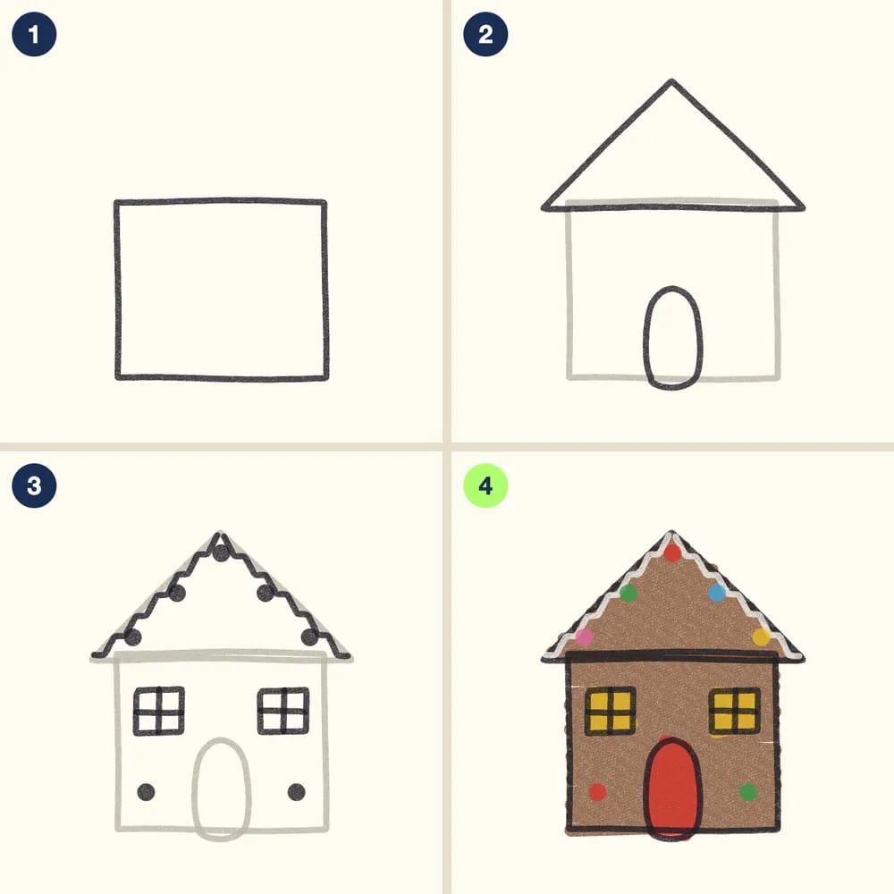Four crayon steps for drawing a gingerbread house: a square, a roof and an arched door, zigzag icing, windows and candies, then a brown house with white icing