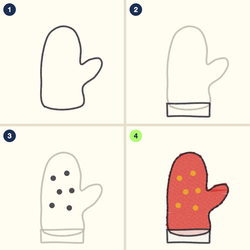 Four crayon steps for drawing a hand-traced mitten: a traced hand with fingers together and thumb out, a cuff across the bottom, dots, then a red mitten with yellow dots