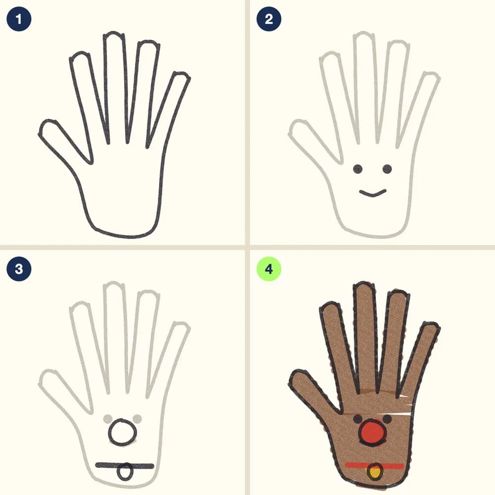 Four crayon steps for drawing a hand-traced reindeer: a traced hand with spread fingers, eyes and a smile on the palm, a round nose and a collar with a bell, then colored brown
