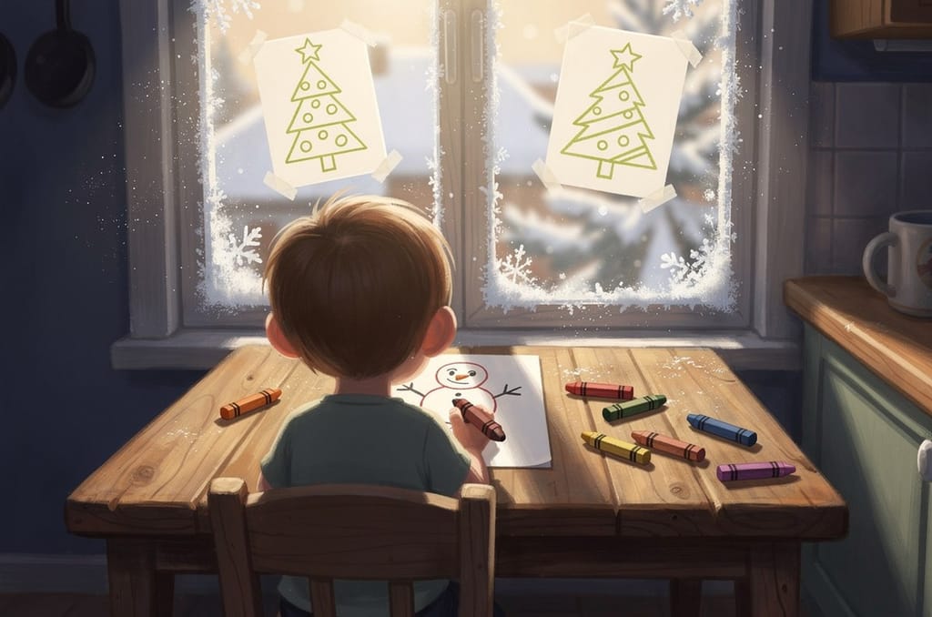 A child seen from behind at a wooden kitchen table drawing a snowman with a chunky crayon, two crayon drawings of Christmas trees taped to the frosty window
