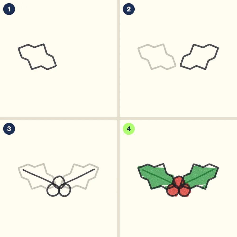 Four crayon steps for drawing holly: one spiky leaf, a second leaf, three berries and a line down each leaf, then green leaves and red berries