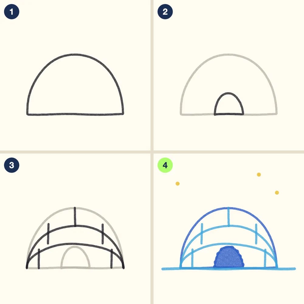 Four crayon steps for drawing an igloo: a dome, an arched door, curved lines and short lines for ice blocks, then blue lines and a dark blue door