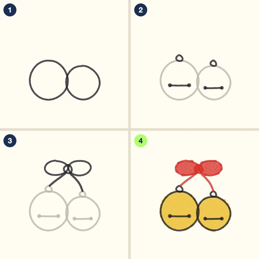 Four crayon steps for drawing jingle bells: two circles, a slot line and loop on each, a bow with ribbons down to the bells, then yellow bells and a red bow