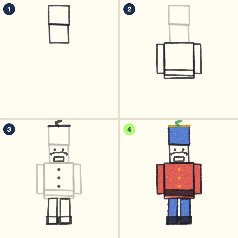 Four crayon steps for drawing a nutcracker: a square face and tall hat, a jacket, arms and belt, legs, boots, face and buttons, then a red jacket and blue hat