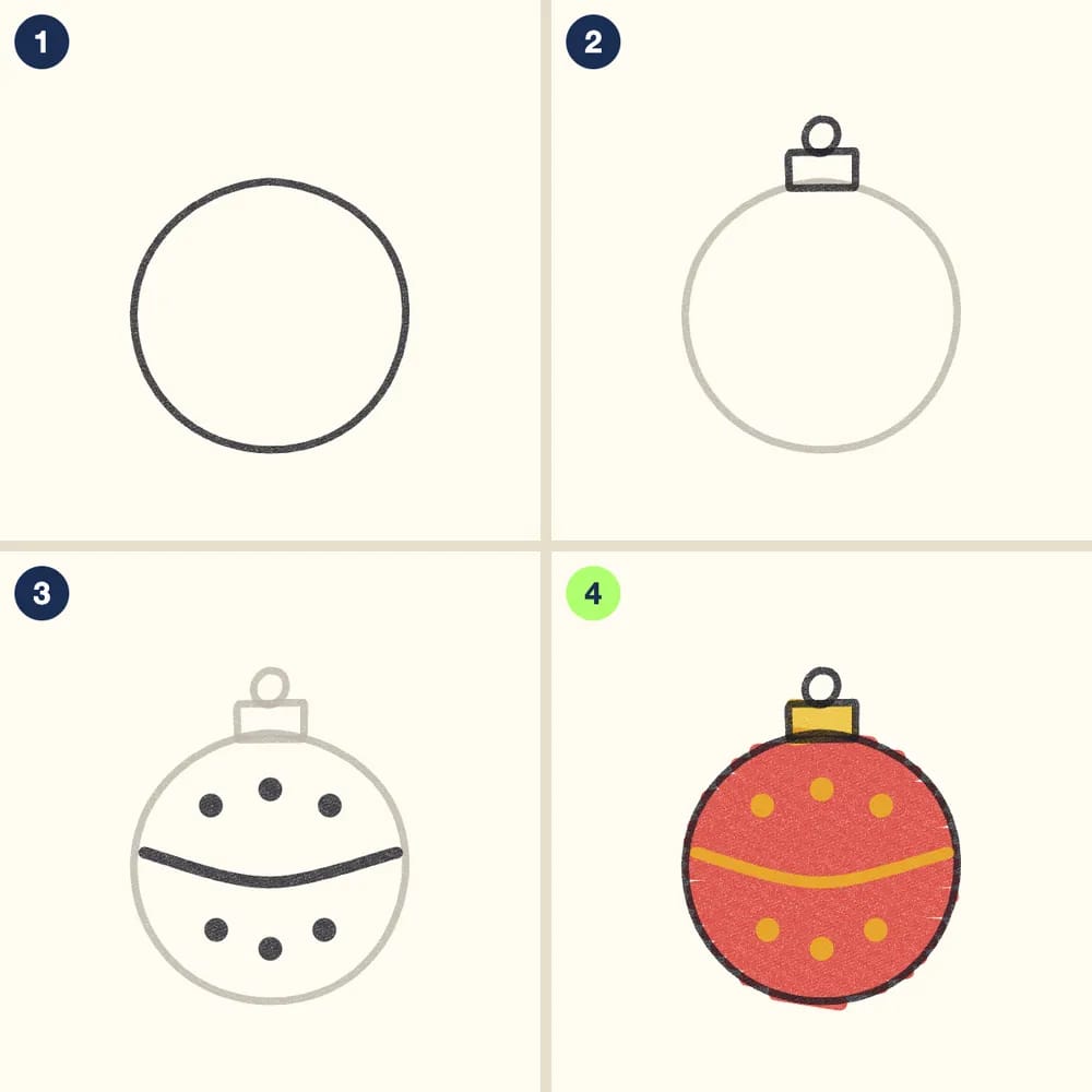 Four crayon steps for drawing a round ornament: a big circle, a small cap and loop on top, a curved band and dots, then colored red and yellow