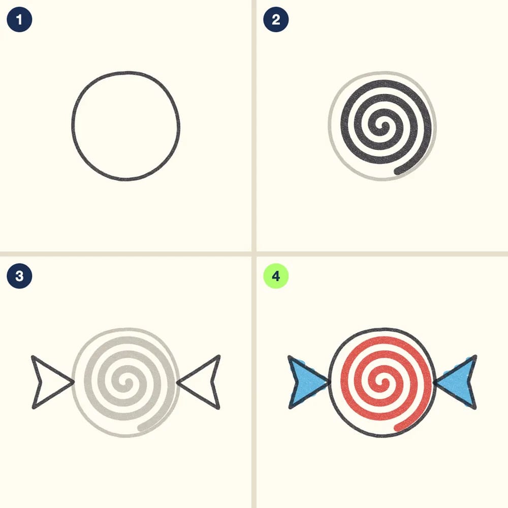 Four crayon steps for drawing a peppermint candy: a circle, a spiral inside it, a wrapper end on each side, then a red spiral and blue wrapper