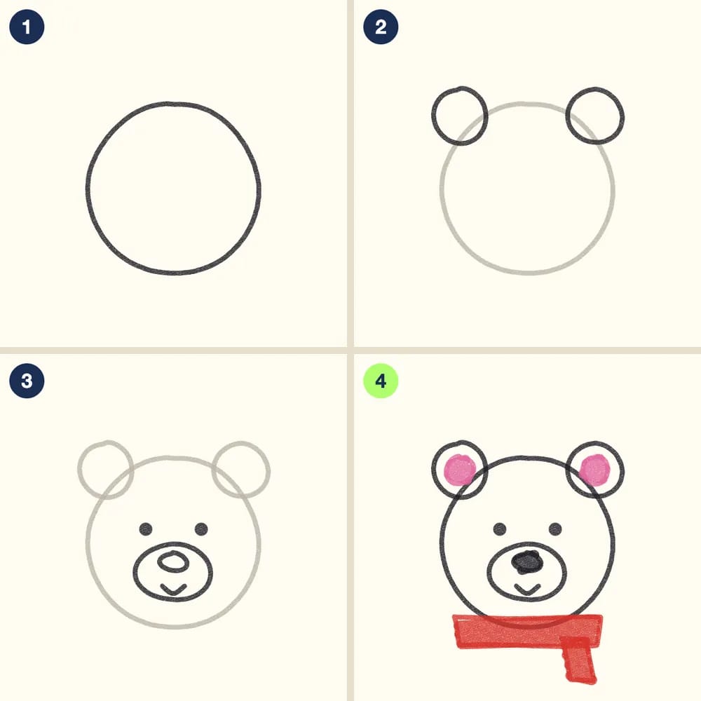 Four crayon steps for drawing a polar bear face: a big circle, two round ears, dot eyes and an oval snout with a nose, then pink ears and a red scarf