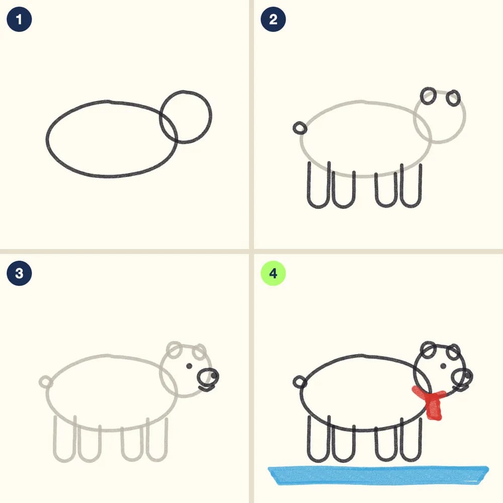 Four crayon steps for drawing a polar bear: a long oval body and a round head, four legs, ears and a tail, a face, then a white bear on blue ice with a red scarf
