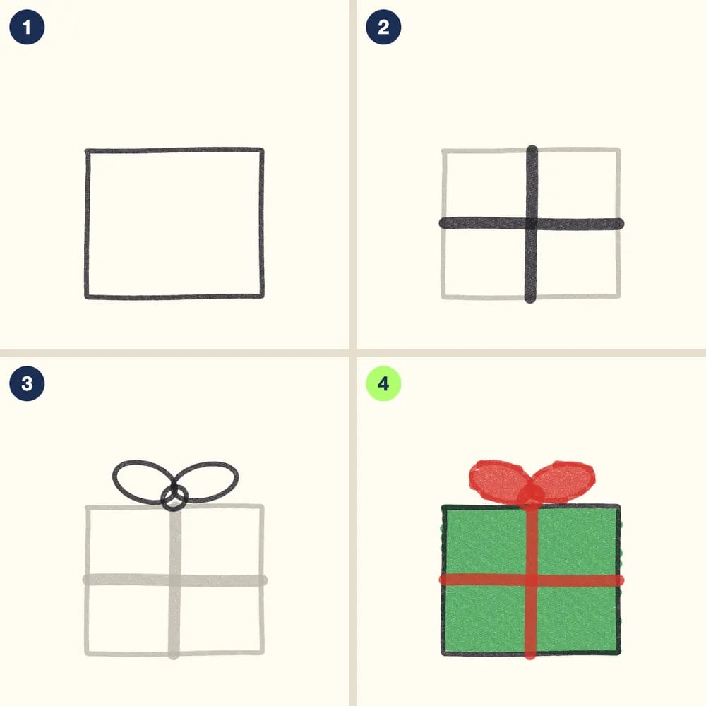 Four crayon steps for drawing a present: a square, a ribbon cross, a bow on top, then a green box with a red ribbon