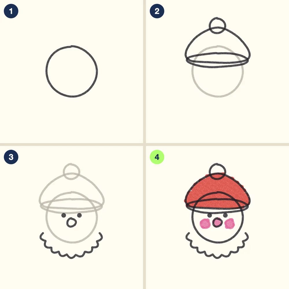 Four crayon steps for drawing Santa's face: a circle face, a dome hat with a fur band and ball, a bumpy beard, eyes and a nose, then a red hat and pink cheeks