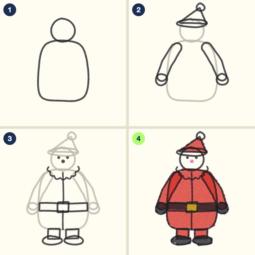 Four crayon steps for drawing Santa: a head and a round body, a hat, arms and mittens, a beard, belt, legs and boots, then a red suit with a gold buckle