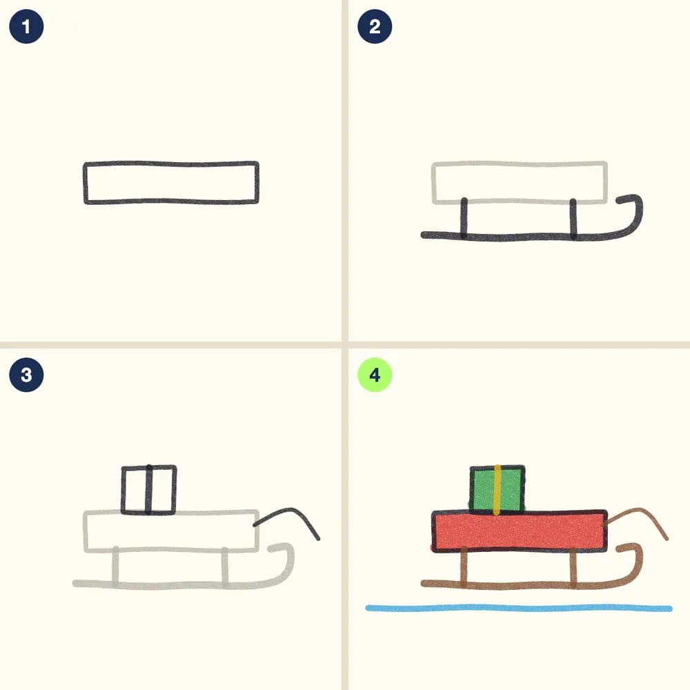 Four crayon steps for drawing a sled: a long rectangle seat, a curled runner with two legs, a present and a rope, then a red sled