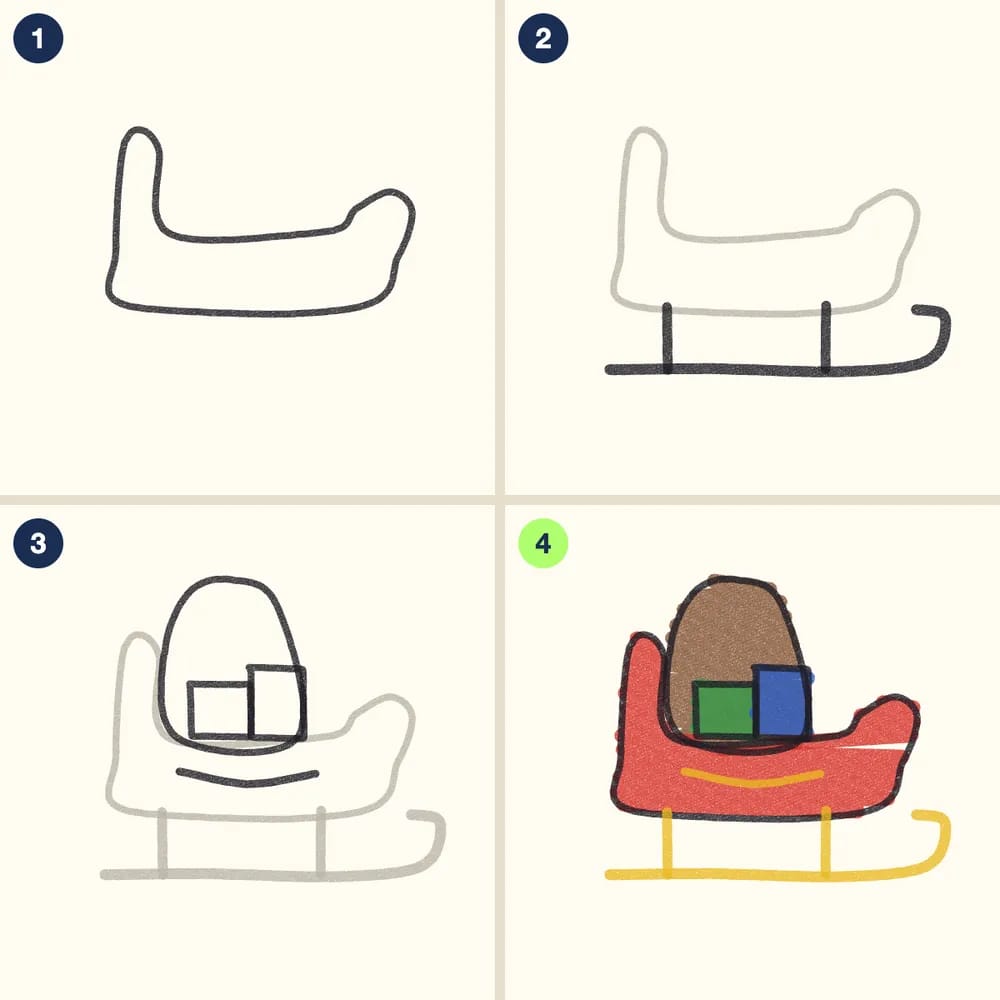 Four crayon steps for drawing a sleigh: a sleigh body with curls at both ends, a curled runner, a sack and presents, then a red sleigh with a gold runner