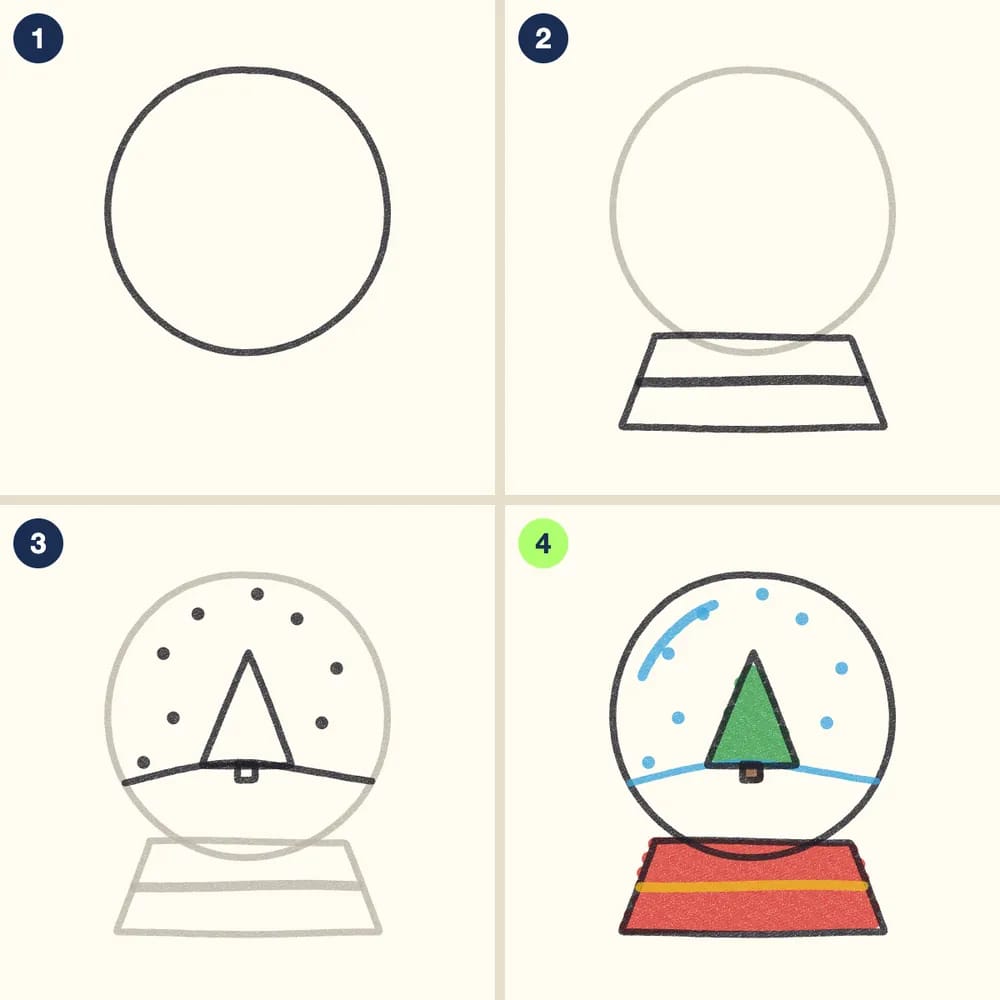 Four crayon steps for drawing a snow globe: a big circle, a wide base, a hill, a tree and snow inside, then a red base and a shine on the glass