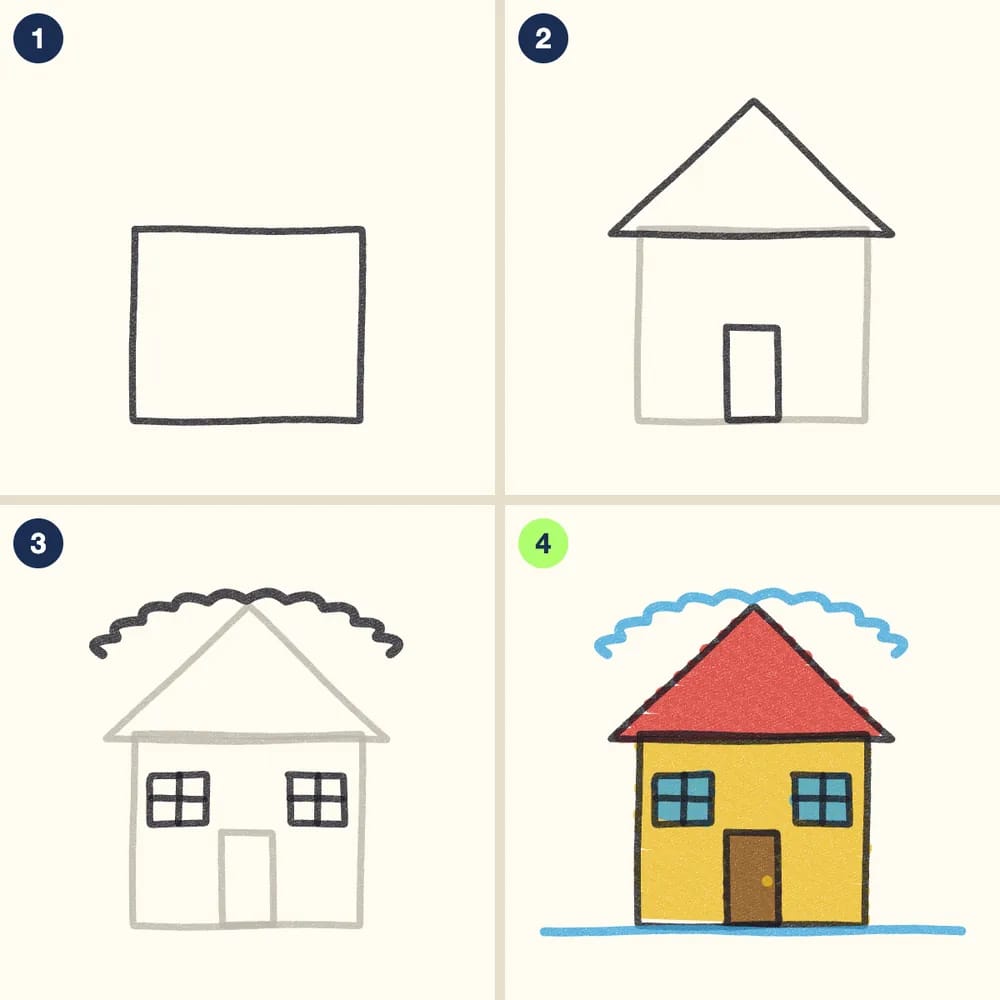 Four crayon steps for drawing a snowy house: a square, a triangle roof and a door, two windows and snow on the roof, then a yellow house with a red roof